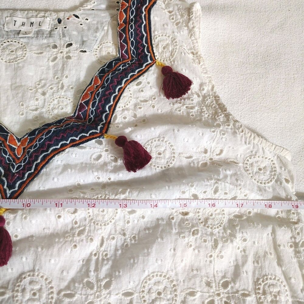 THML Womens Boho Eyelet Tassel Blouse Size L Embroidered Festival Top Cream - Picture 3 of 7